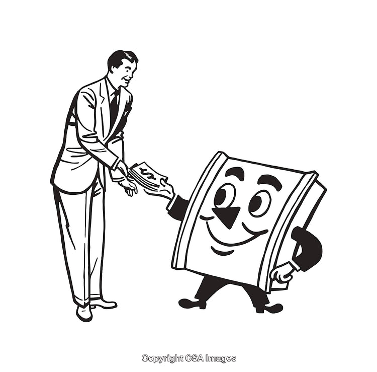 Vintage Black and White Illustration Featuring Book Mascot and Businessman
