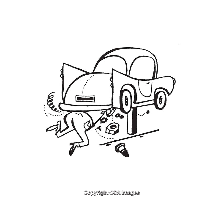Funny Black and White Illustration of Car Repair Situation