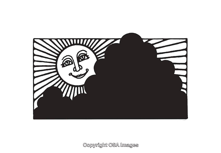 Illustrated Sun Smiling Behind Dark Cloud in Black and White Design