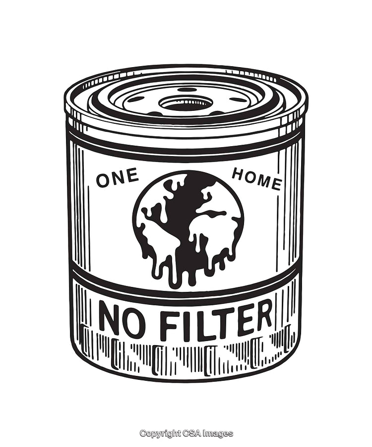 Black and White Earth Illustration on a Can with Environmental Message