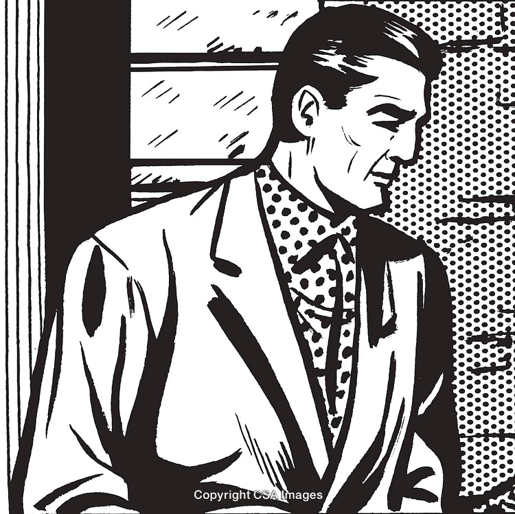 Retro Illustration of a Man in a Suit Expressing Confidentiality and Mystery