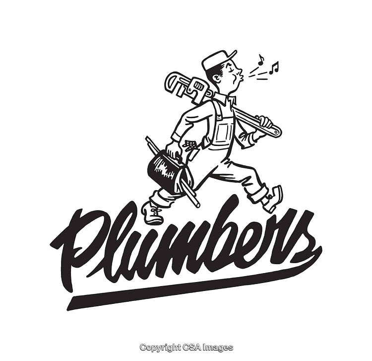 Vintage Black and White Line Art of a Whistling Plumber with Tools