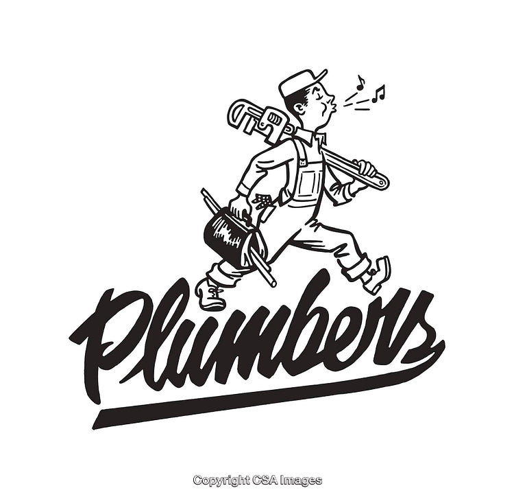 Vintage Black and White Line Art of a Whistling Plumber with Tools