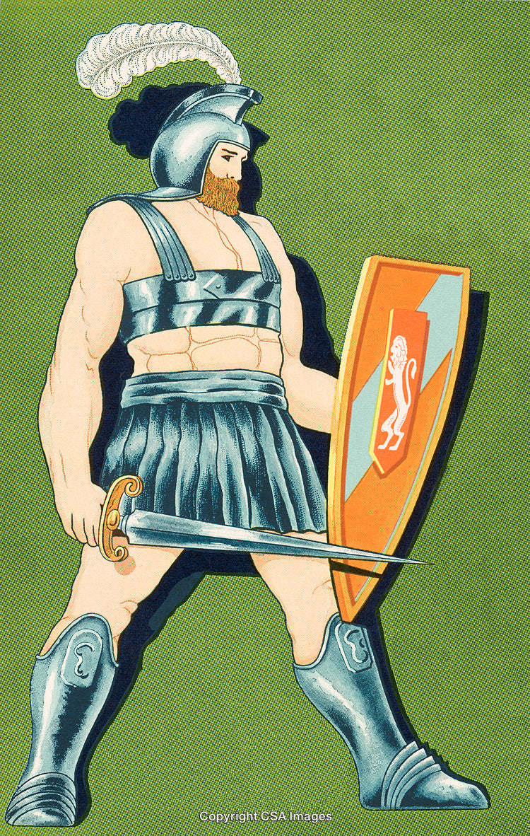 Cartoon Illustration of a Brave Warrior in Full Armor with Sword and Shield