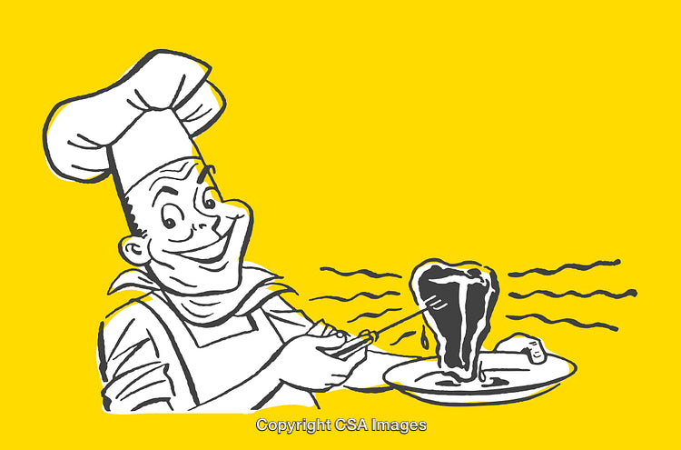 Cheerful Chef Serving Grilled Steak Illustration on a Bright Yellow Background