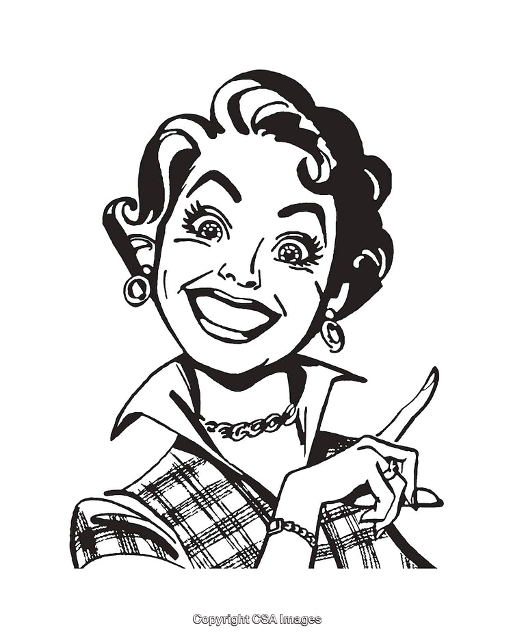 Cheerful Retro Style Illustration of a Smiling Woman in Black and White