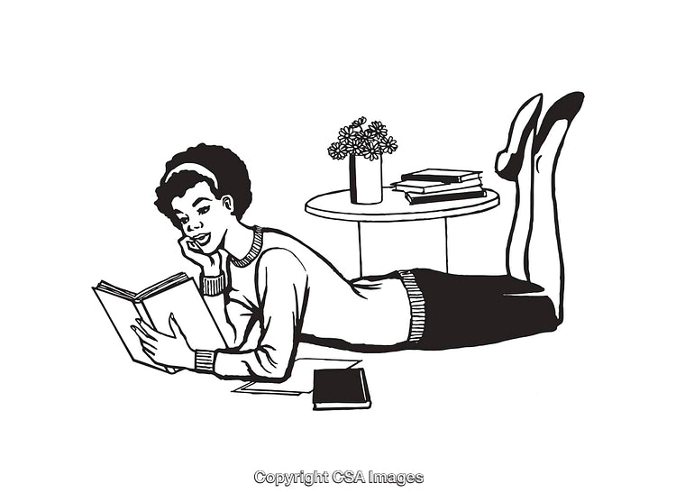 Black and White Illustration of a Woman Reading a Book Comfortably