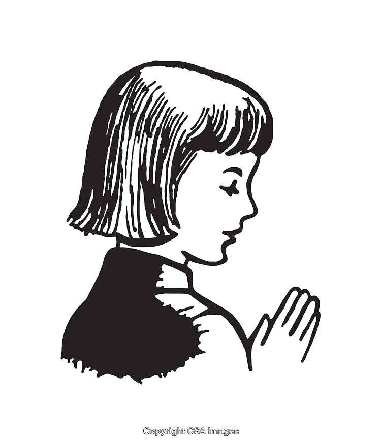 Black and White Illustration of a Young Girl in Prayer
