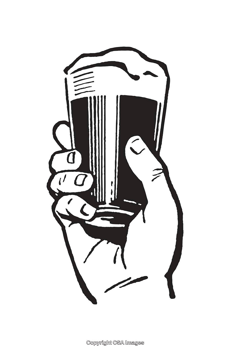 Black and White Line Art Illustration of a Raised Hand Holding a Glass