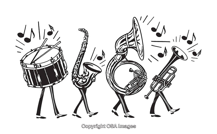 Whimsical Black and White Musical Instruments Parade with Notable Notes