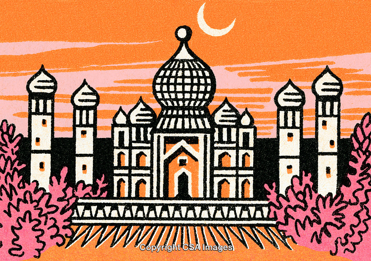 Illustrated Representation of a Landmark at Sunset with Decorative Architecture