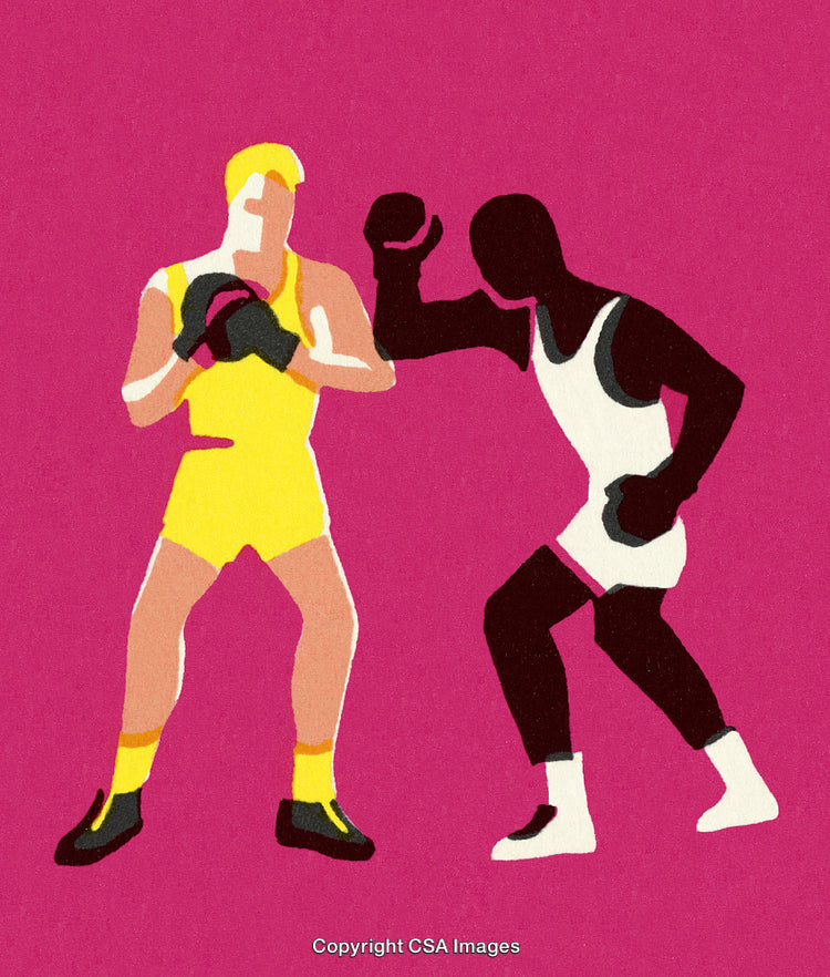 Illustration of Two Boxers Sparring on a Vibrant Pink Background
