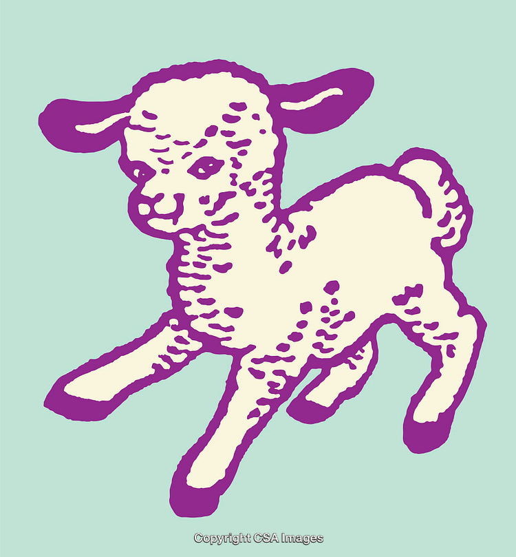 Whimsical Purple and Cream Lamb Illustration on Mint Background