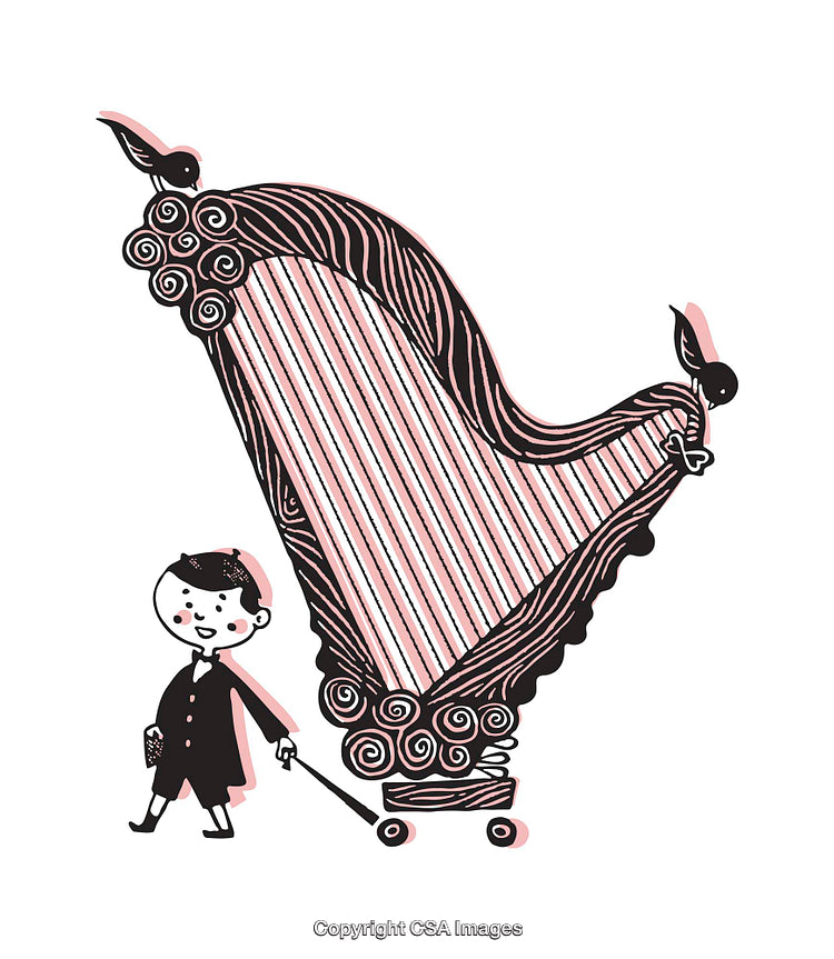 Whimsical Illustration of Boy and Oversized Harp on Cart