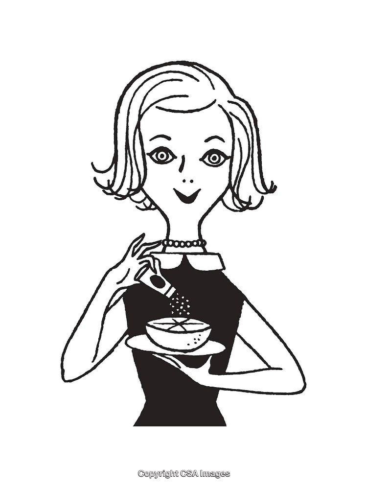 Retro Line Art Illustration of a Woman Preparing Citrus Dish