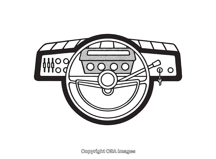 Black and White Line Art of Classic Car Steering Wheel and Dashboard