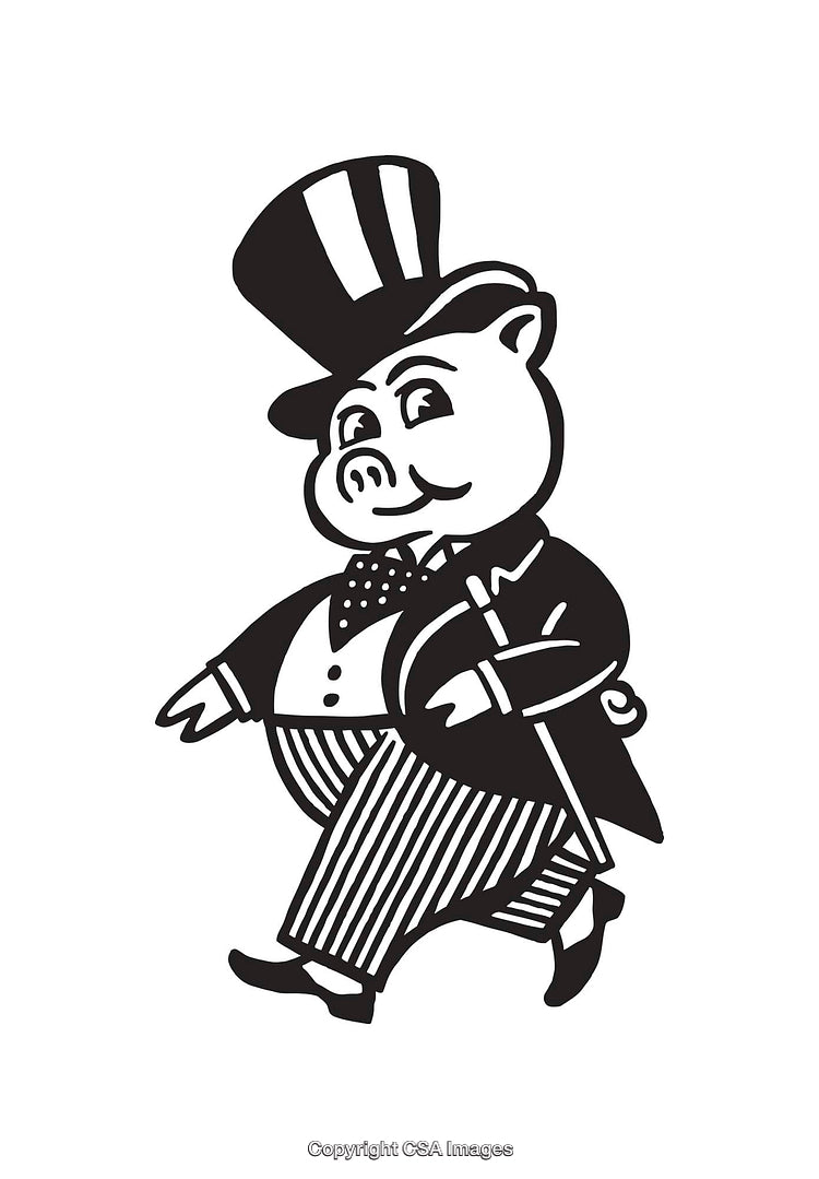 Anthropomorphic Pig Dressed Elegantly in a Black and White Illustration