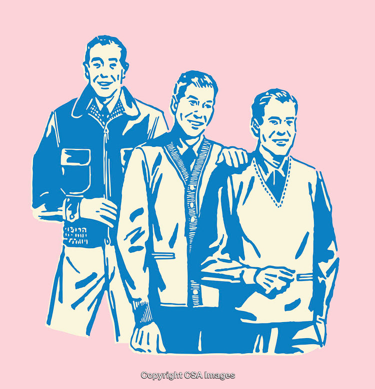 Retro Style Line Art of Three Men in Casual Clothing