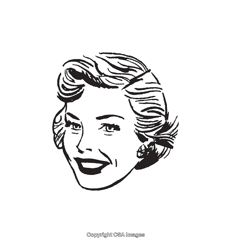 Vintage Black and White Art of Smiling Woman's Face in Retro Style