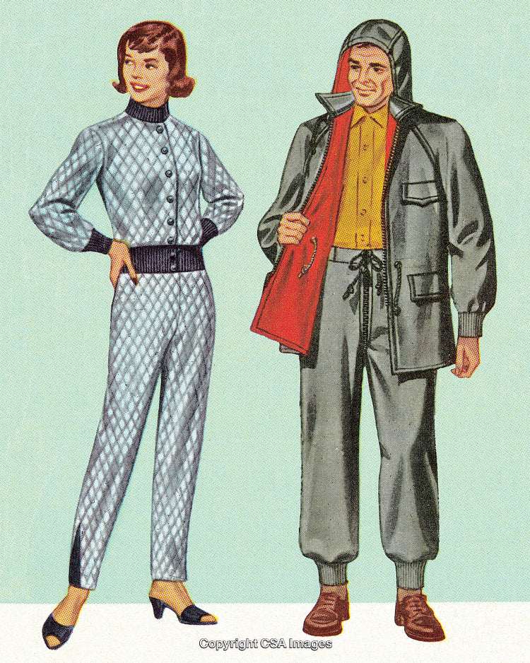 Retro Illustration of Stylish Outfits for Men and Women from Mid-20th Century