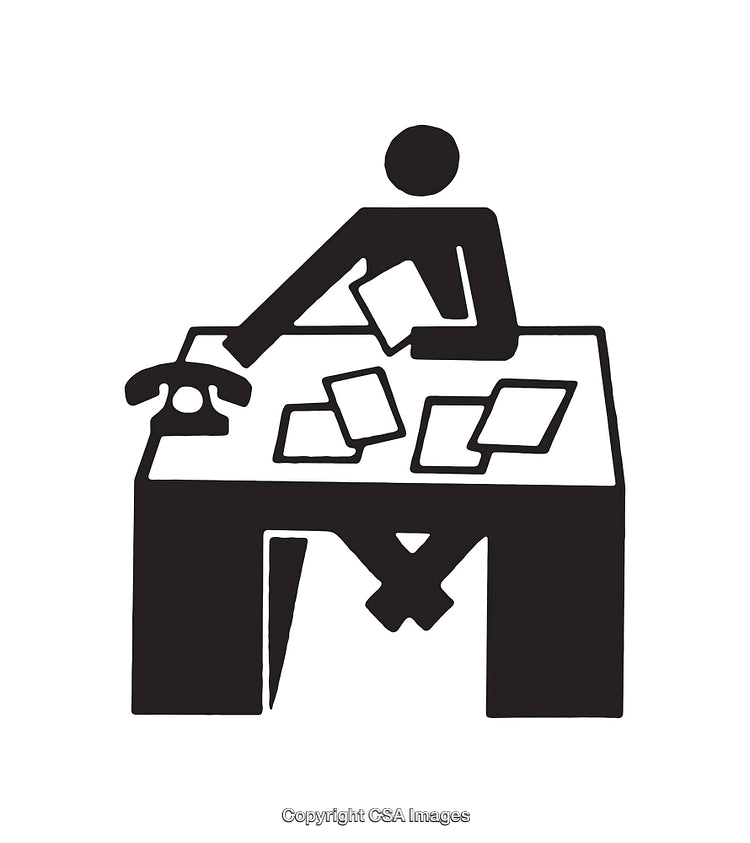 Black and White Illustration of a Desk Scene with Paperwork
