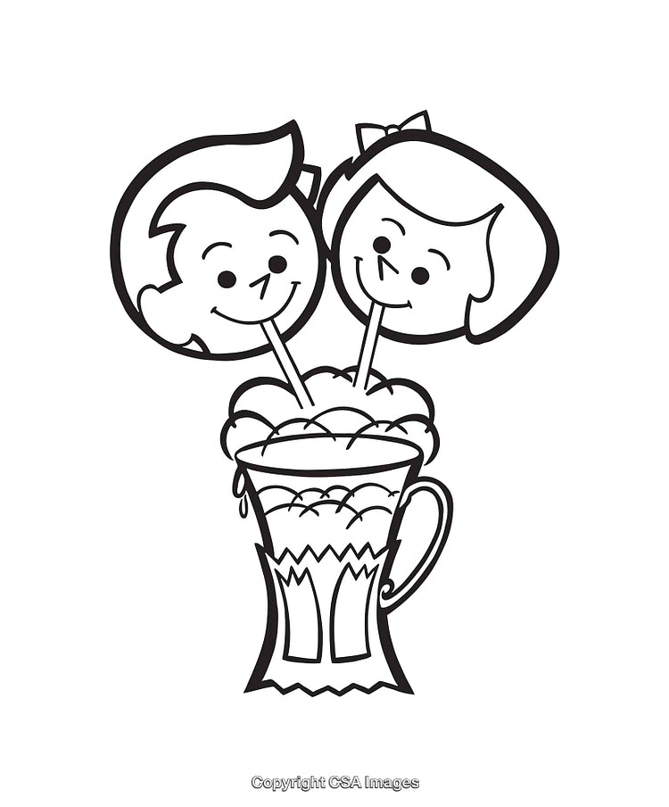 Retro Line Art of Kids Sharing a Soda in a Fun Scene