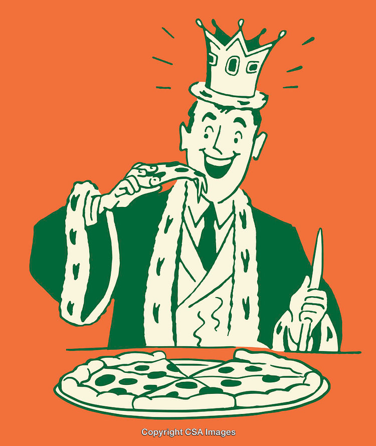 Retro Line Art of a King Eating Pizza With Crown and Joyful Expression
