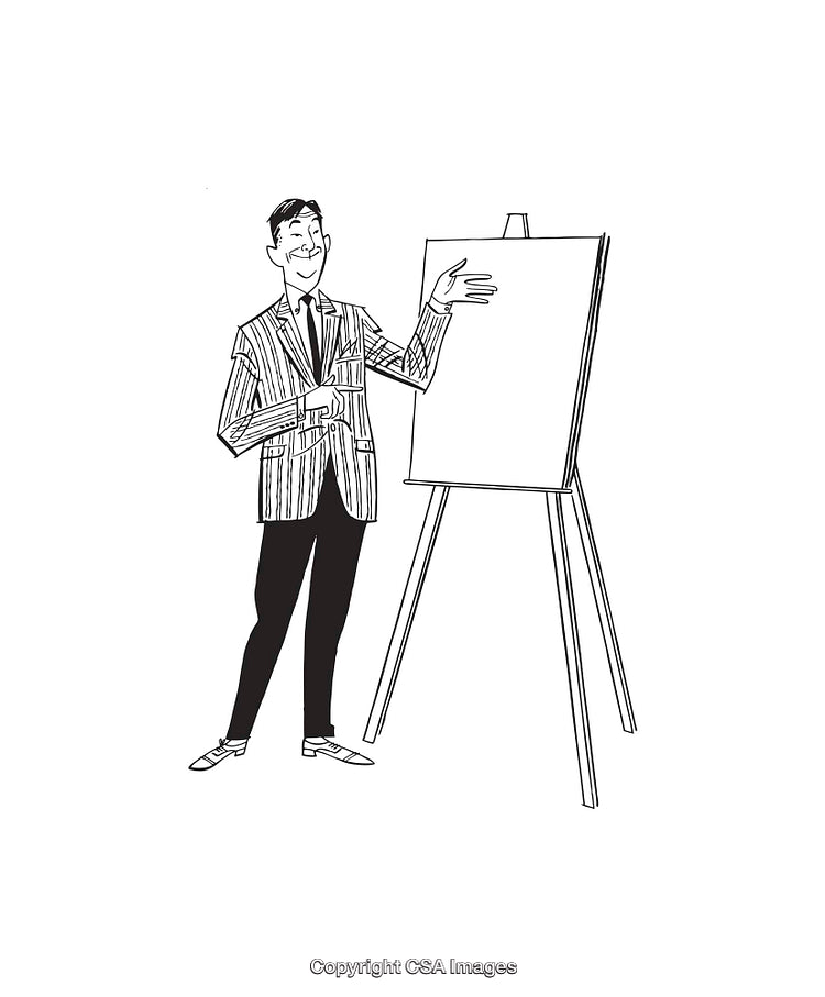 Vintage Style Line Art Illustration of a Man Presenting a Board