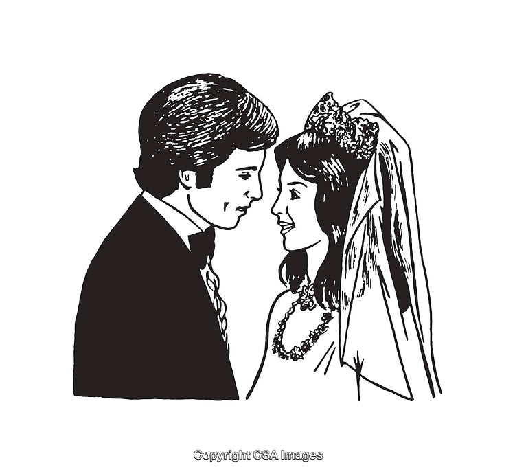 Black and White Line Art of a Wedding Couple in Formal Attire