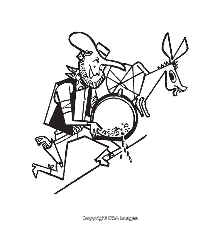 Illustrated Gold Prospector Panning with Donkey Companion in Line Art Style