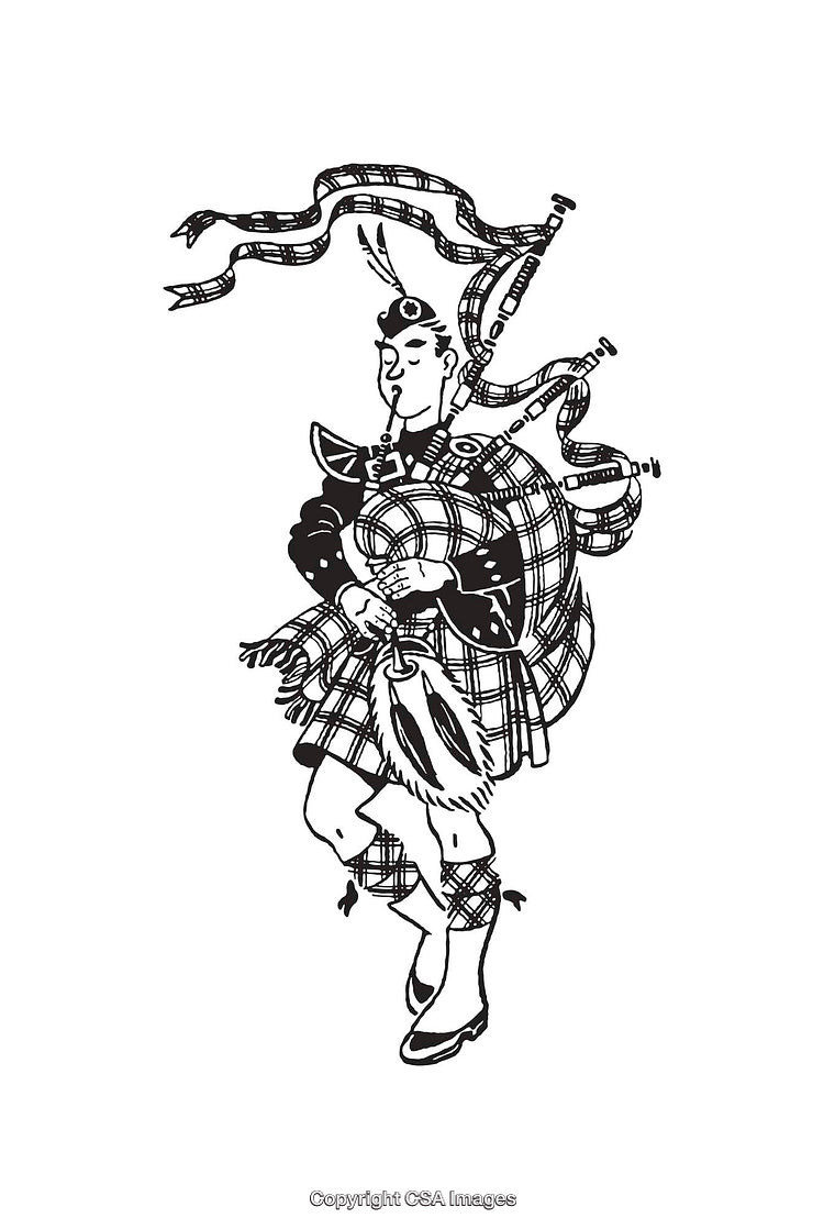 Black and White Line Art of a Bagpiper in Traditional Scottish Attire