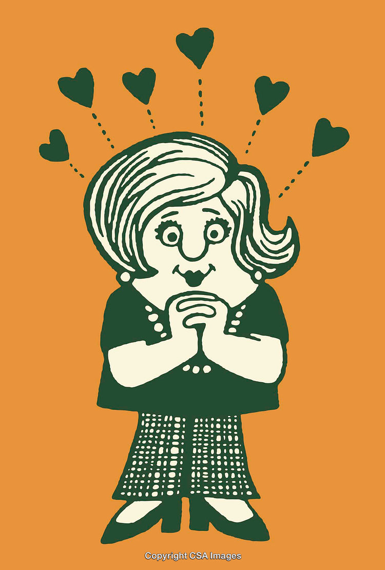 Cartoon Illustration of Happy Woman with Heart Symbols on Orange Background