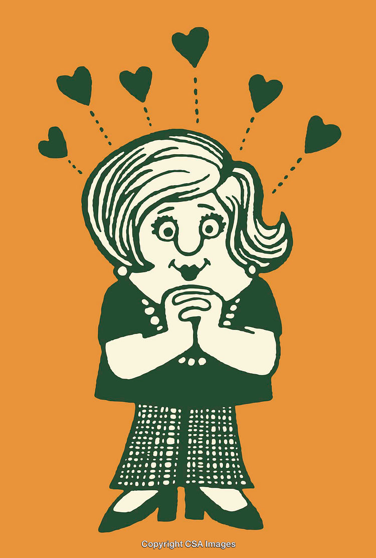 Cartoon Illustration of Happy Woman with Heart Symbols on Orange Background