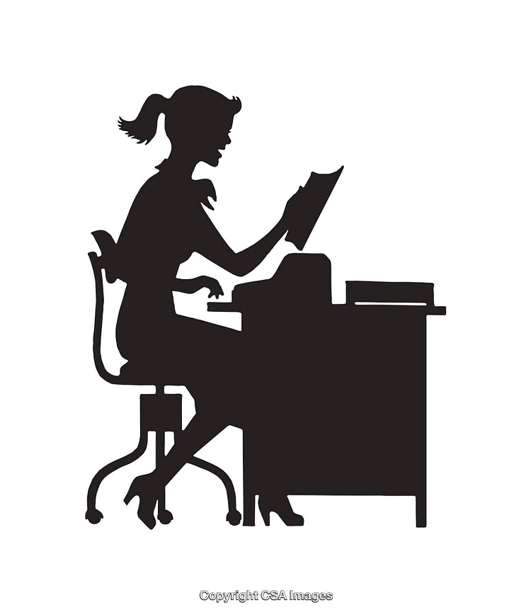 Black And White Silhouette of a Woman at Desk Reading Paperwork