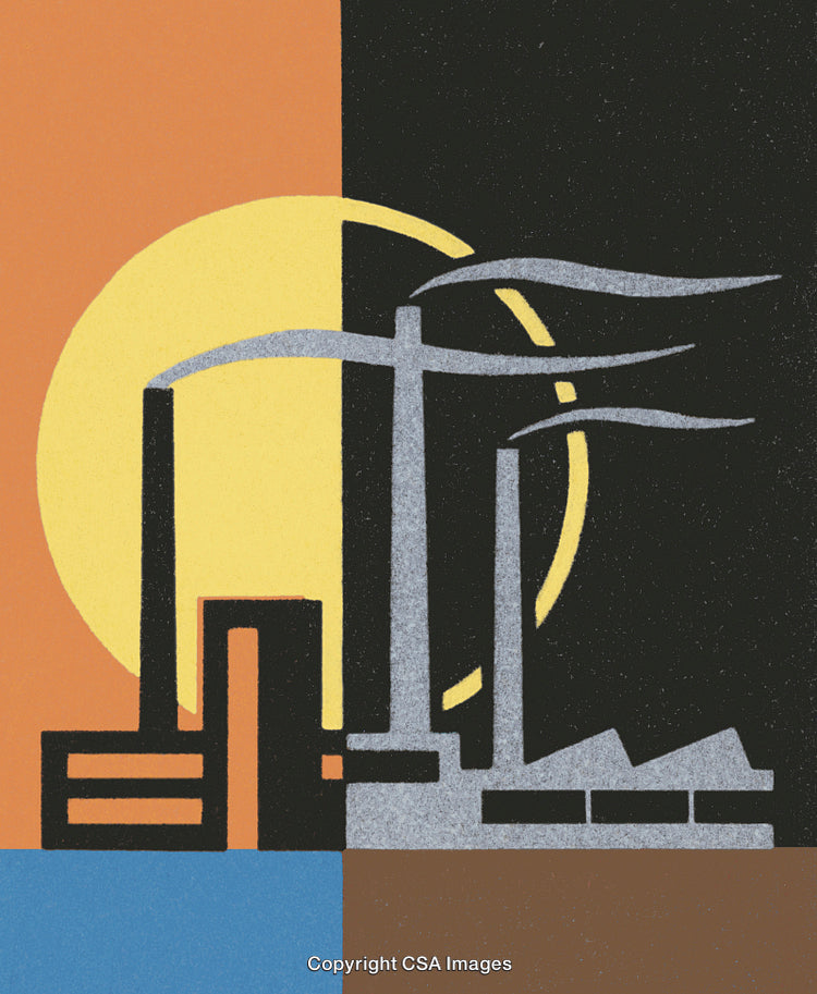 Illustration of an Industrial Building Under Divided Day and Night Sky