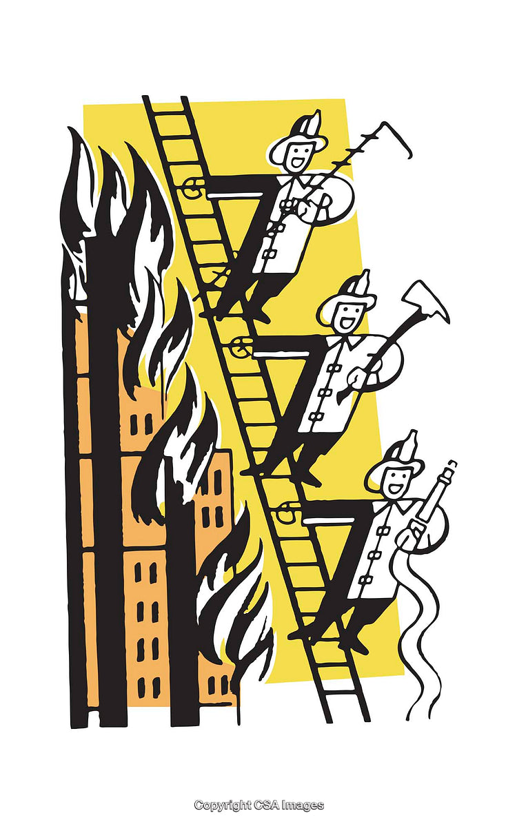 Cartoon Firefighters Battling a Building Fire Illustration