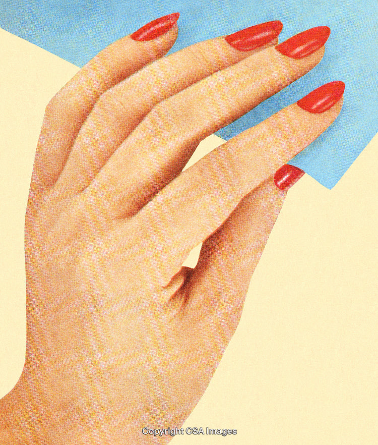 Close-Up of Hand With Red Nails on Blue and Cream Background