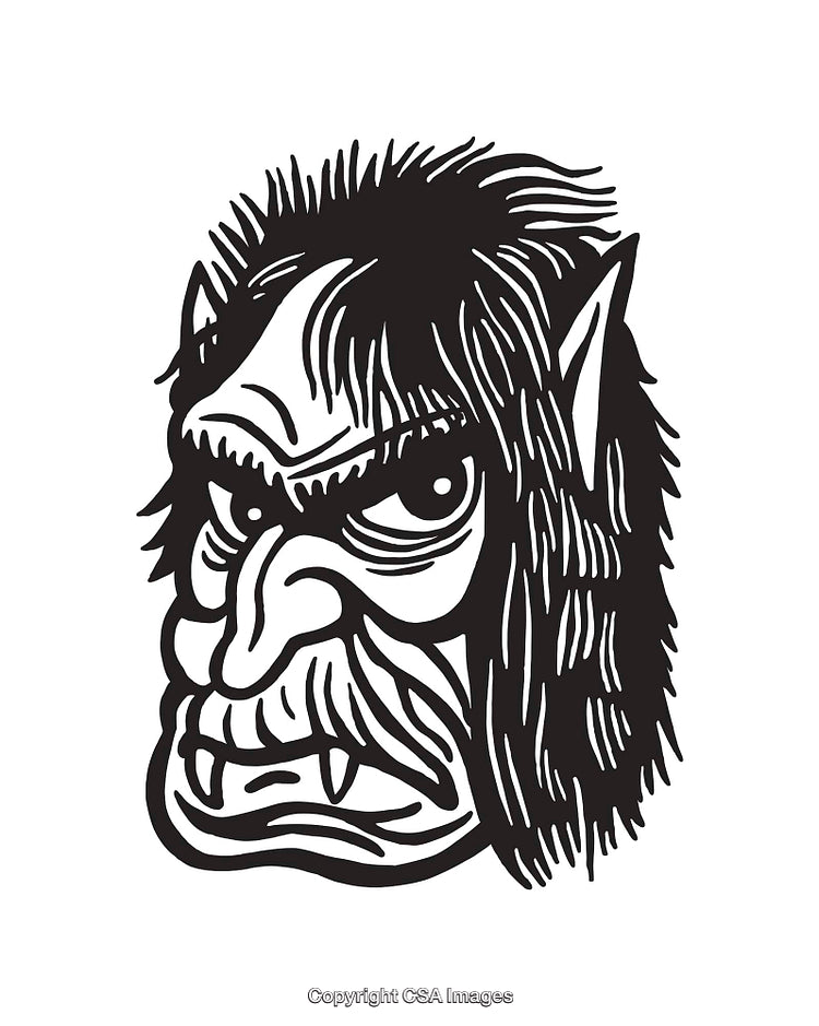 Black and White Illustration of a Fierce Troll Face with Sharp Features