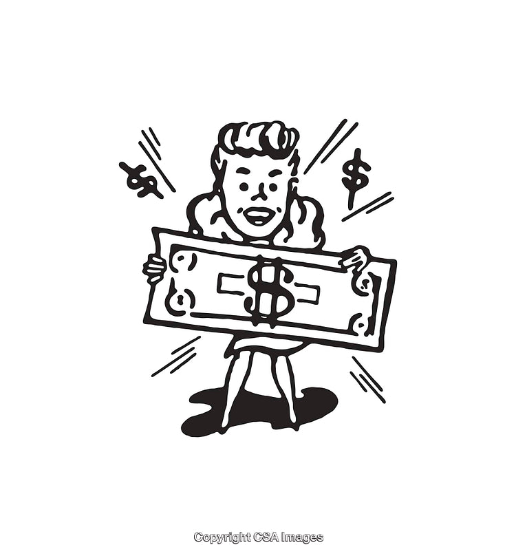 Retro Style Black and White Line Art of Dollar Excitement