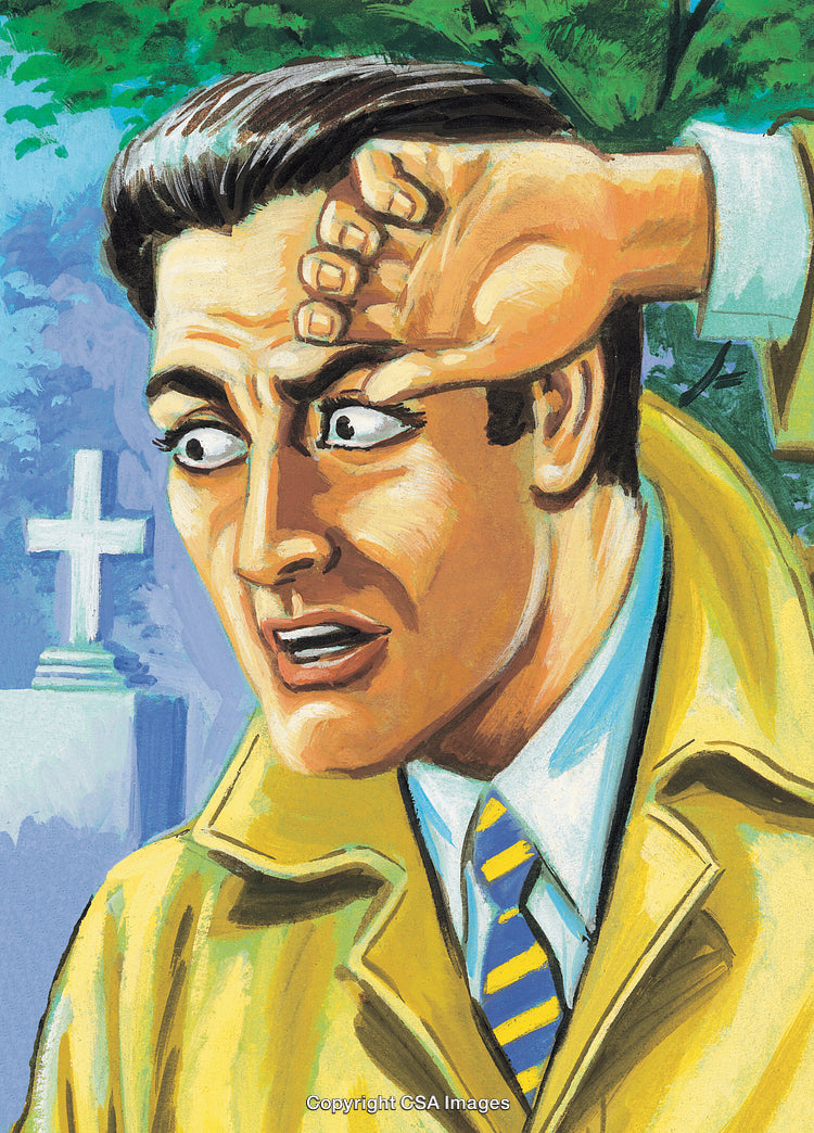 Vintage Comic-Style Artwork Featuring a Surprised Man in Outdoor Setting