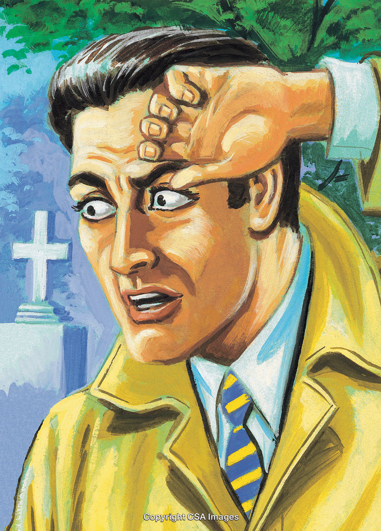 Vintage Comic-Style Artwork Featuring a Surprised Man in Outdoor Setting
