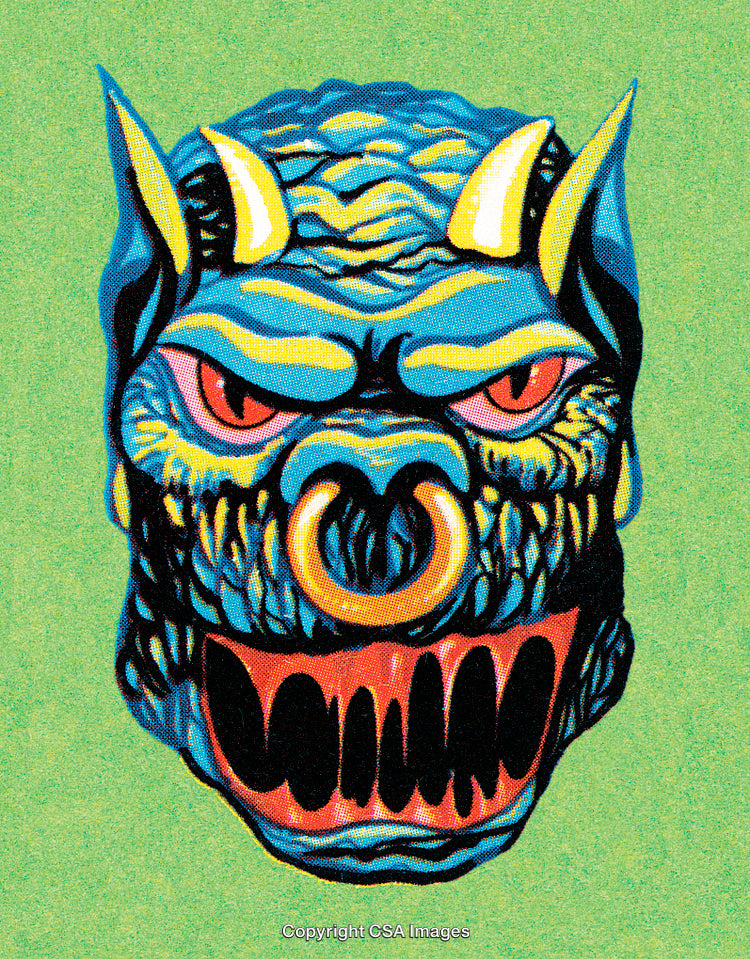Vibrant Illustration of a Fierce Demon Face with Bold Colors and Details