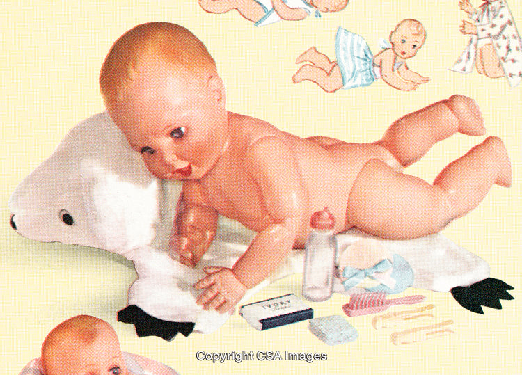 Vintage Illustration of Baby Doll With Accessories and Toys
