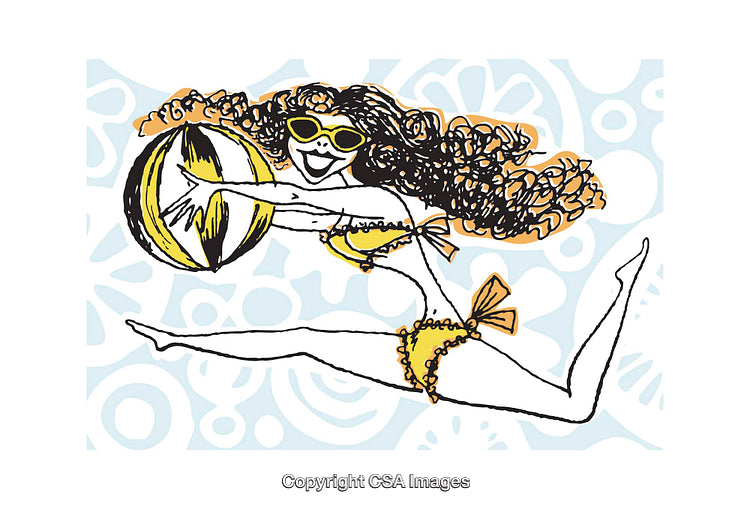 Playful Beach Illustration of a Woman in Sunglasses with a Beach Ball