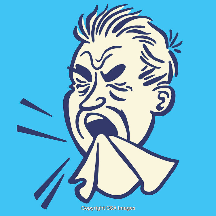 Illustration of a Sneezing Face in Blue Background in Comic Style