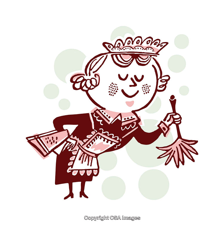 Vintage Illustration of a Cheerful Maid Holding a Feather Duster