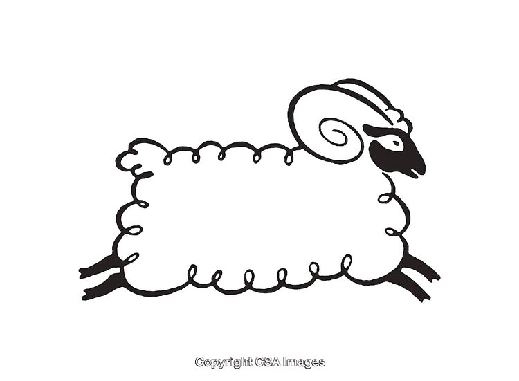 Black and White Line Art of a Sheep With Curled Horns