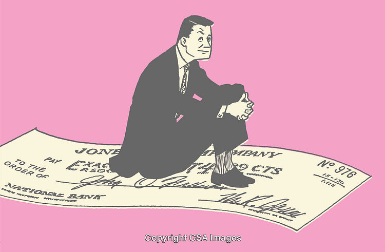 Illustration of Businessman Sitting on Oversized Check in Pink Background
