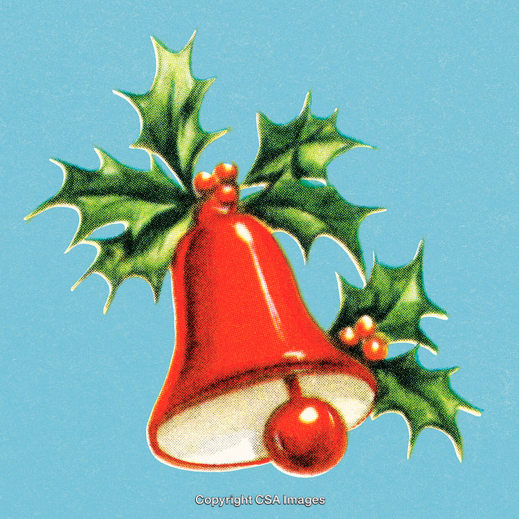 Red Christmas Bell with Holly Leaves on Blue Background