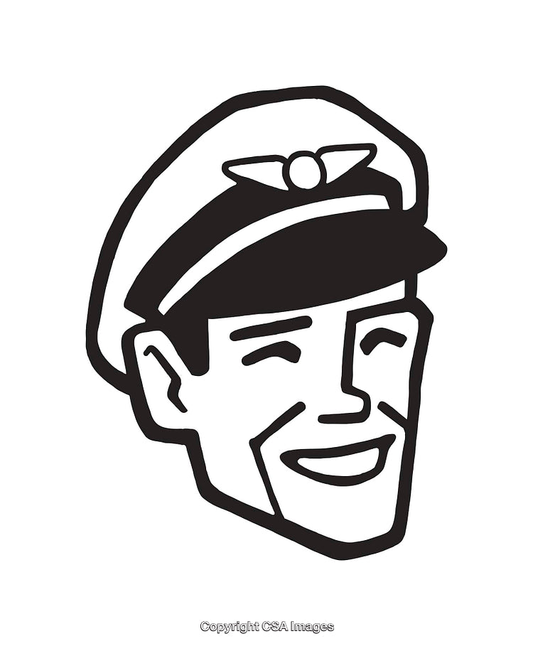 Black and White Line Art Illustration of a Smiling Pilot Character